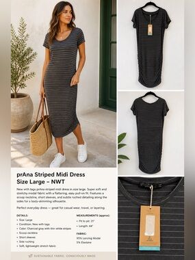 prAna Striped Midi Dress Large NWT Ruched Sides Modal Stretch Casual Gray